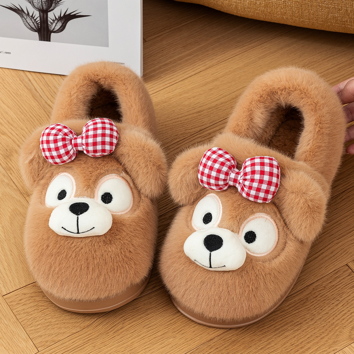 可爱小熊包跟棉拖鞋女款保暖毛绒
