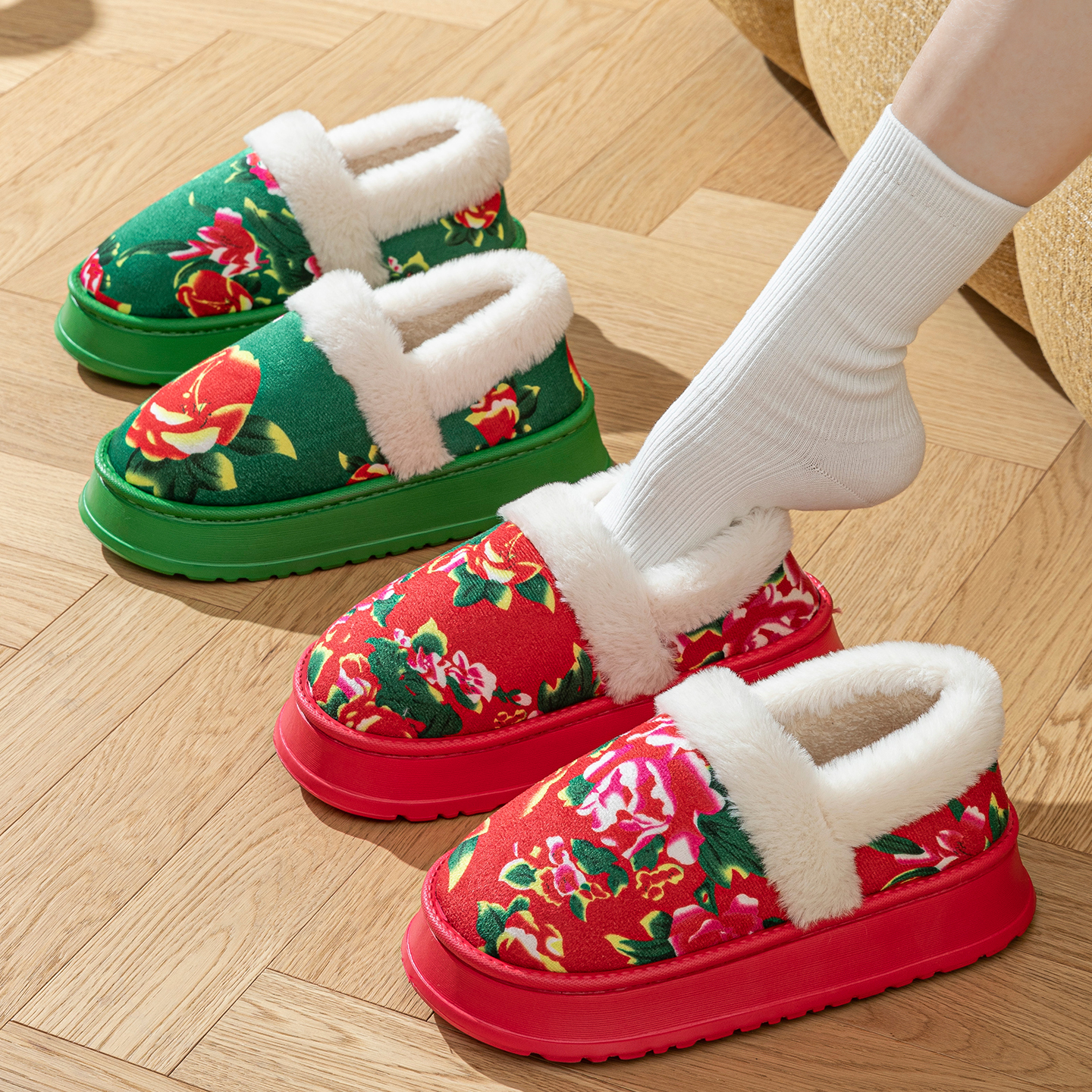 东北大花包跟棉拖鞋女款冬季居家外穿软厚底防滑保暖情侣红色棉鞋