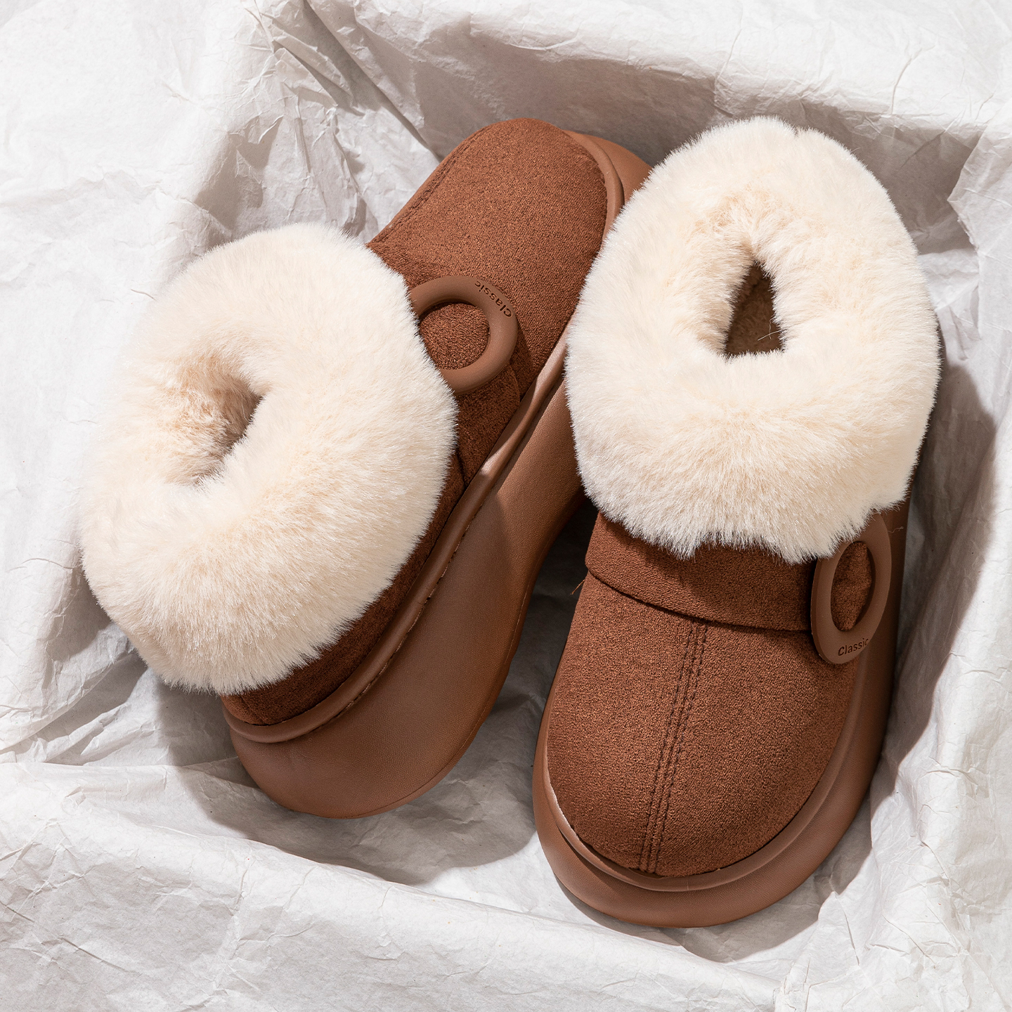 厚底增高棉拖鞋情侣户外雪地靴女包跟保暖靴子冬季抗寒加绒棉拖鞋