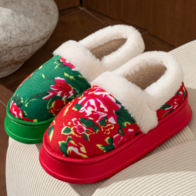 鸳鸯东北大花棉拖鞋包跟厚底防滑