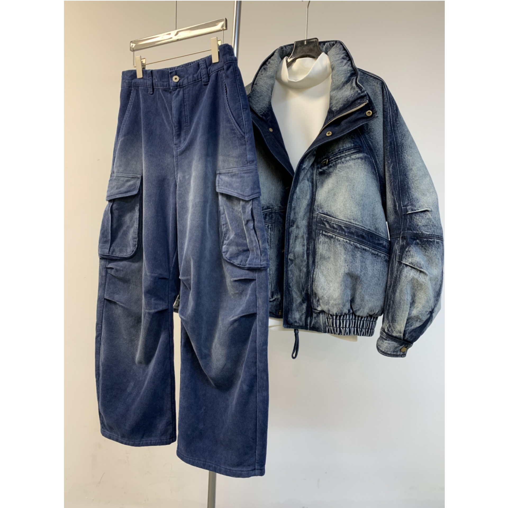 美式复古水洗做旧阔腿灯芯绒弯刀