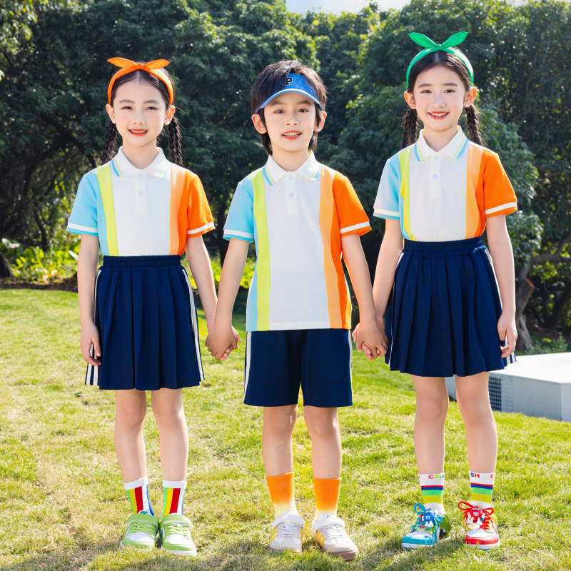 2025新款中小学生校服夏季两件套学院风时尚休闲橙色幼儿园服班服