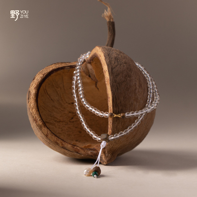 由子野18K金108颗珠子白色绝美天然水晶手串配黄金佛家手持念珠