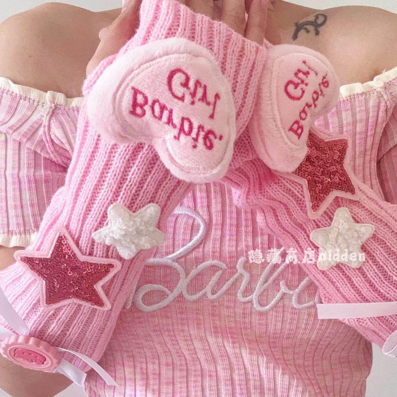 HIDDEN STORE ORIGINAL PINK Y2K GLOVES SPRING AND AUTUMN CUTE GIRLY HEART SWEET GIRL FINGER EXPOSED SUBCULTURE KNITTED SLEEVE COVER