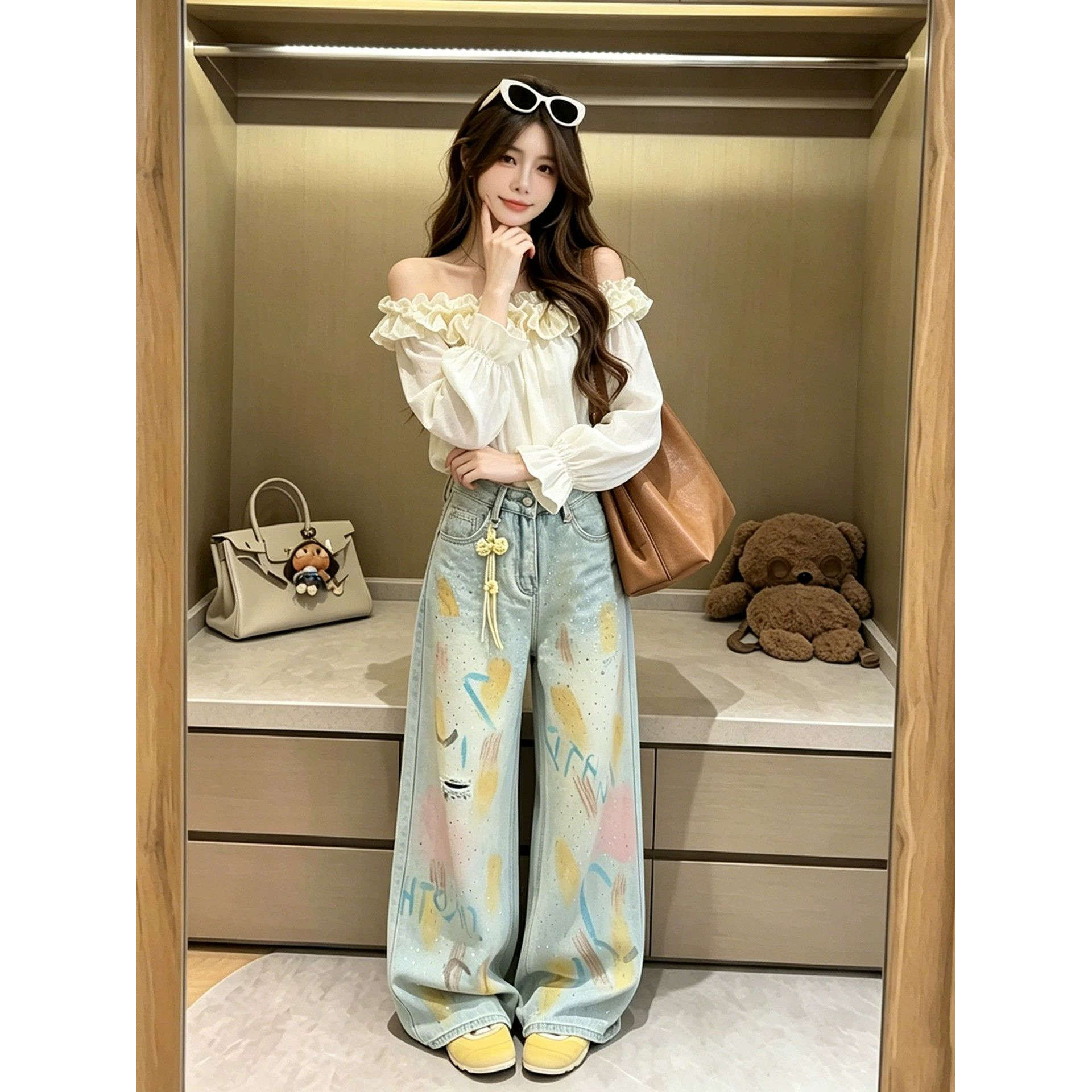 美式vibe彩色涂鸦镶钻破洞牛仔裤图片