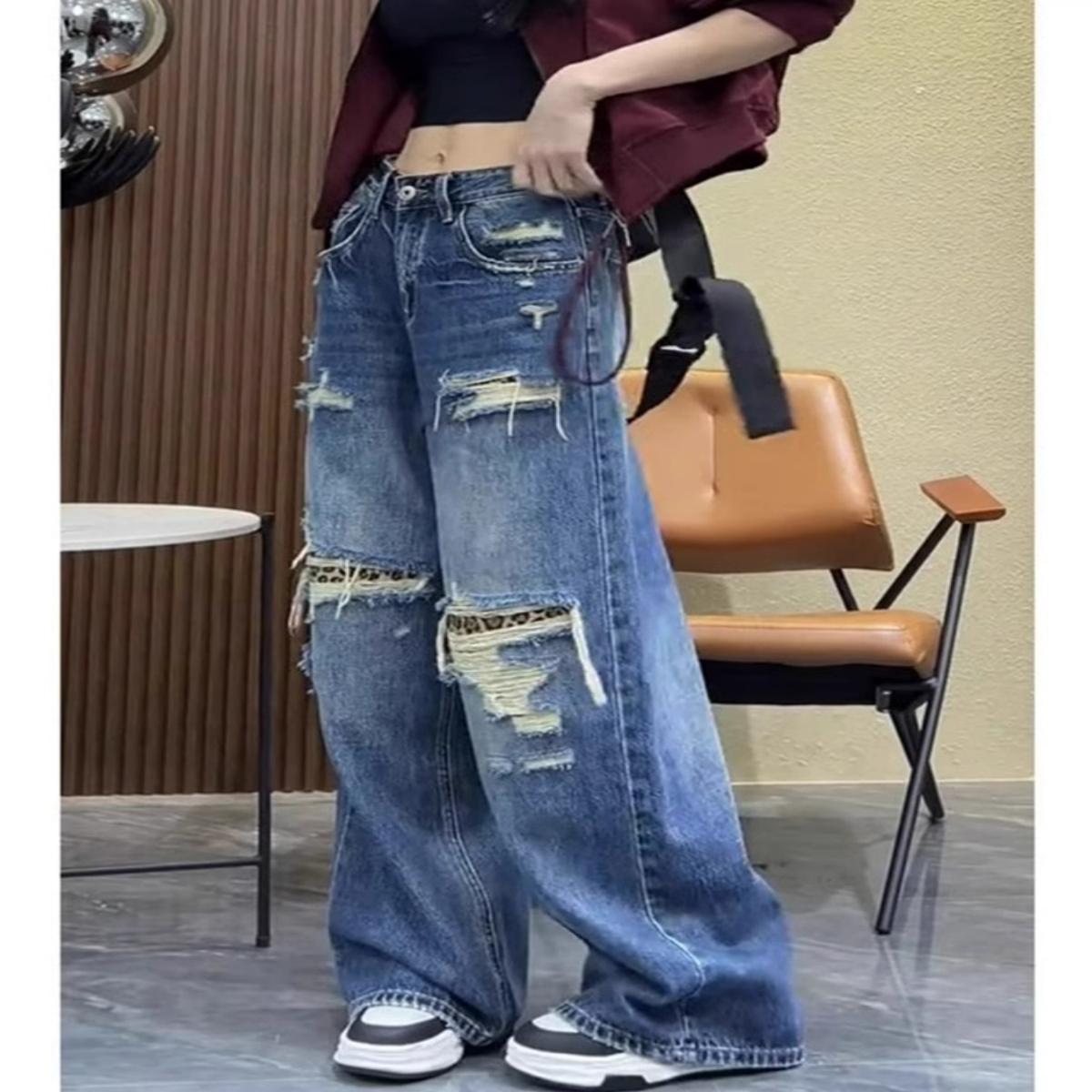 大码胖mm美式复古破洞牛仔裤女