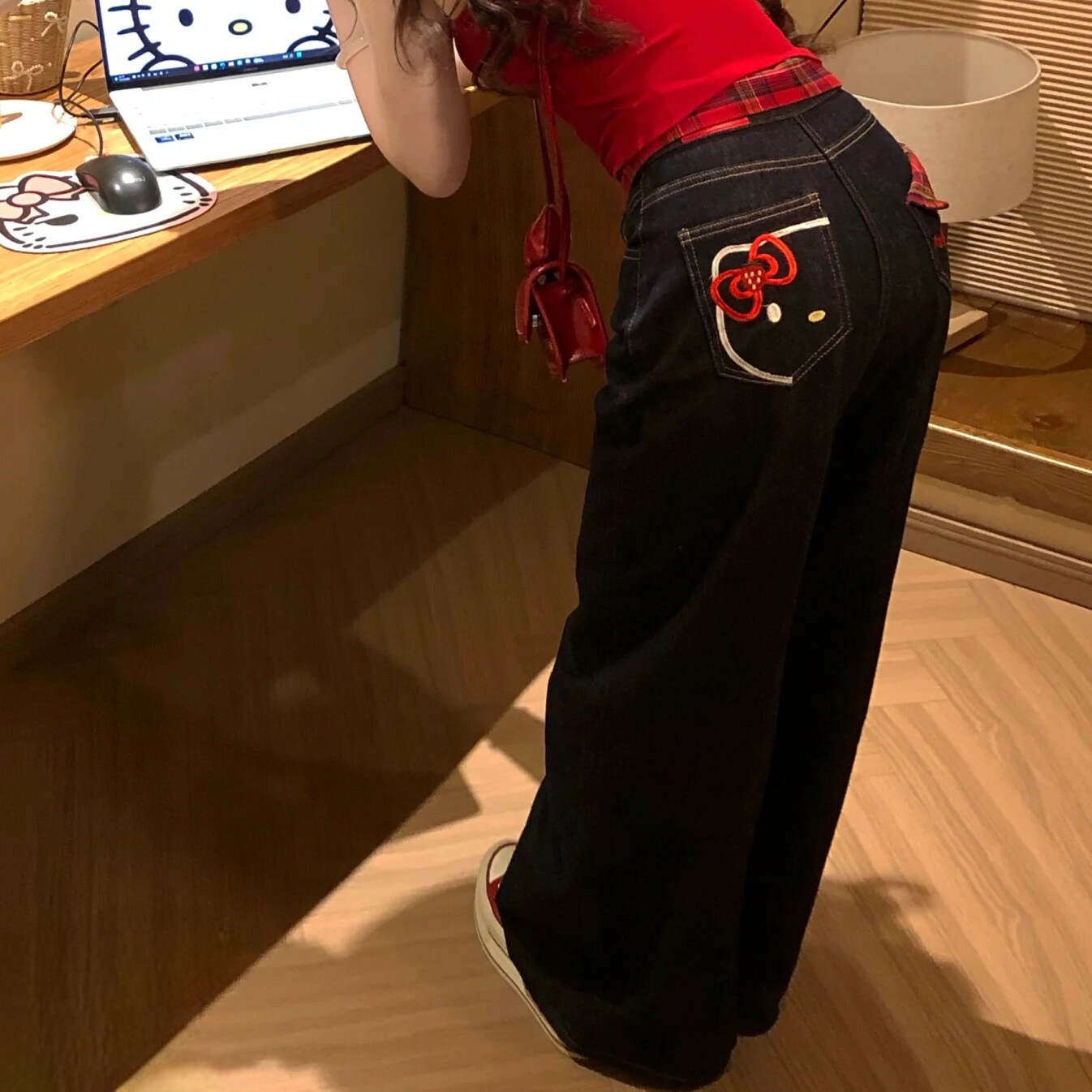 大码甜酷辣妹翻领kitty牛仔裤女
