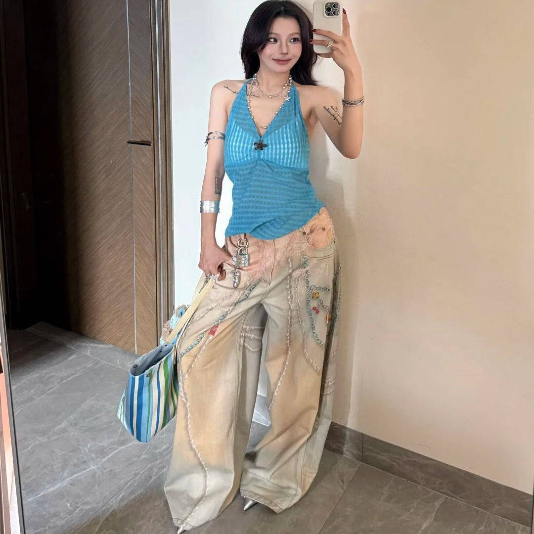 大码美式做旧水洗脏染牛仔裤女