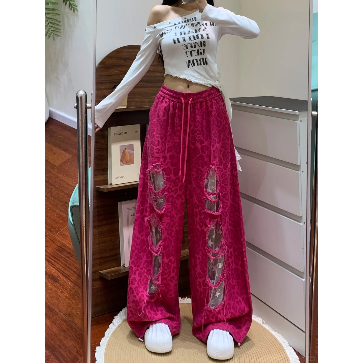 美式豹色蕾丝破洞休闲牛仔裤子女