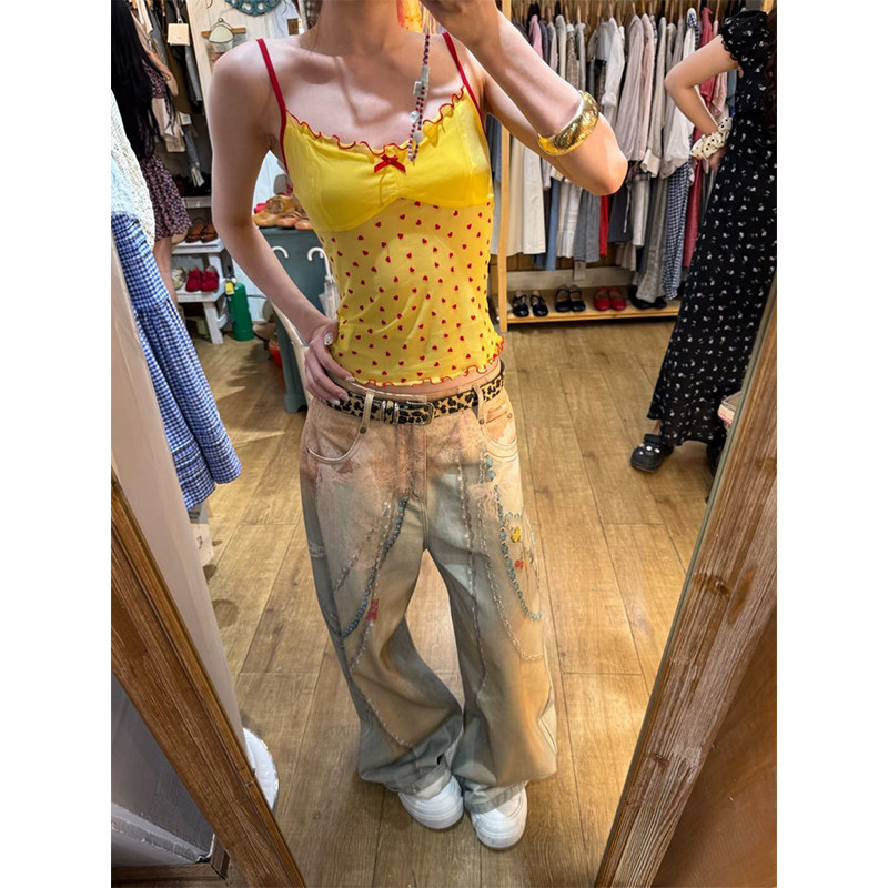 3D印花蕾丝挂饰宽松复古牛仔裤女