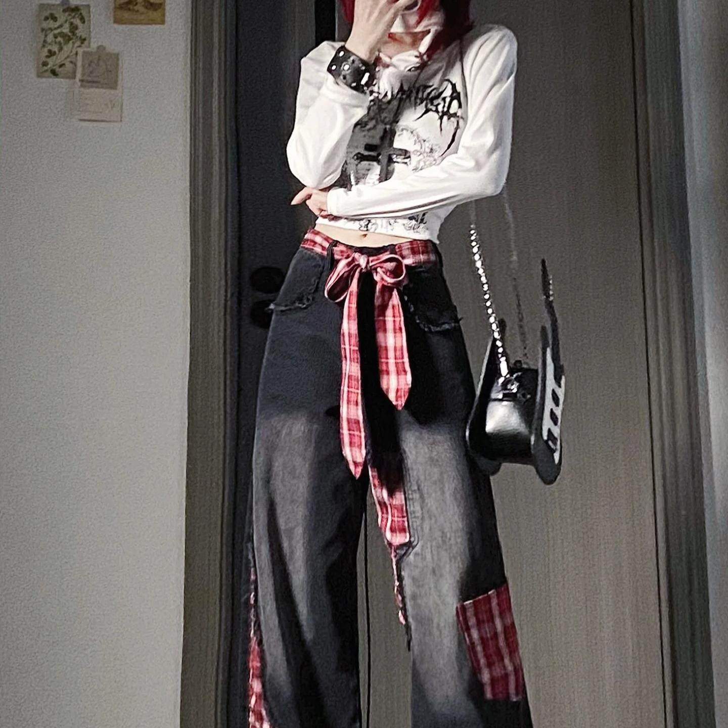 大码黑色拼接蝴蝶结贴布牛仔裤女秋冬新款美式复古宽松直筒阔腿裤