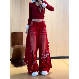 美式复古趣味印花多口袋工装牛仔裤女夏季街头风直筒宽松阔腿裤潮