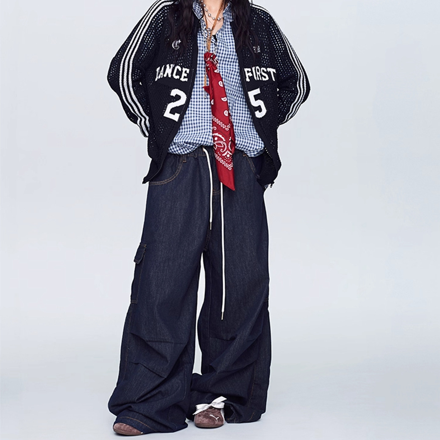 美式复古水洗双腰头弯刀牛仔裤女