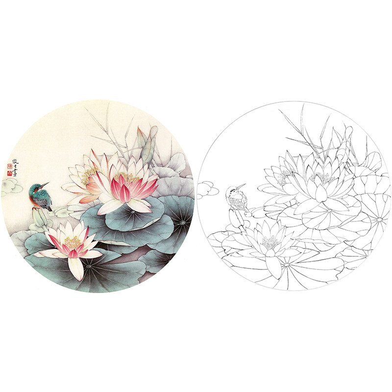 【有步骤】李俊才《荷塘清趣》荷花鸟团扇小品工笔画打印白描底稿
