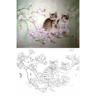 工笔画白描底稿临李保山国画小猫《春风送暖》国画线描练习作业稿