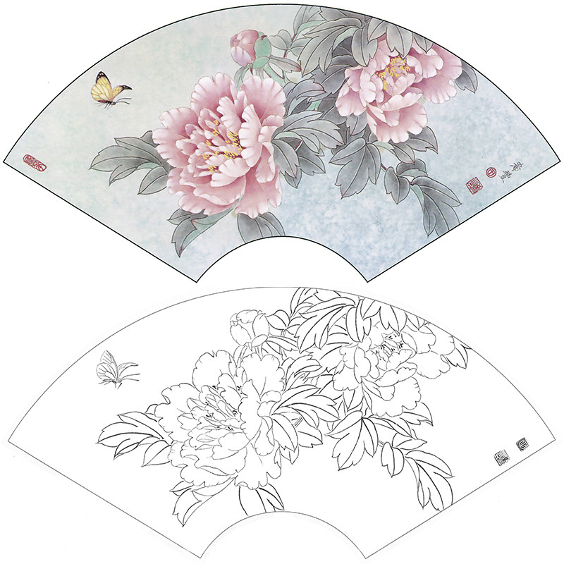 国画牡丹扇形《晨雾飘香》工笔画白描底稿临田希丰花鸟线描打印稿