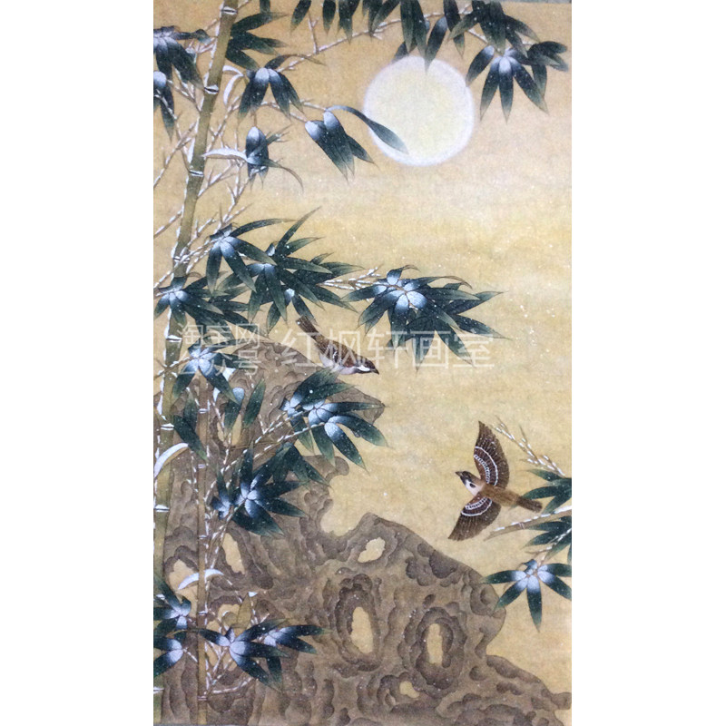 花鸟工笔画白描底稿雪竹麻雀可直接上色带步骤教程熟宣纸线描画稿