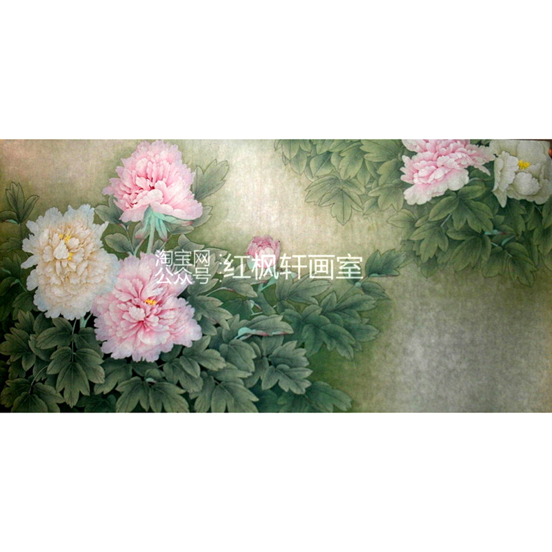 精品国画工笔画白描底稿周中耀四尺横幅牡丹素材熟宣纸线描手绘稿