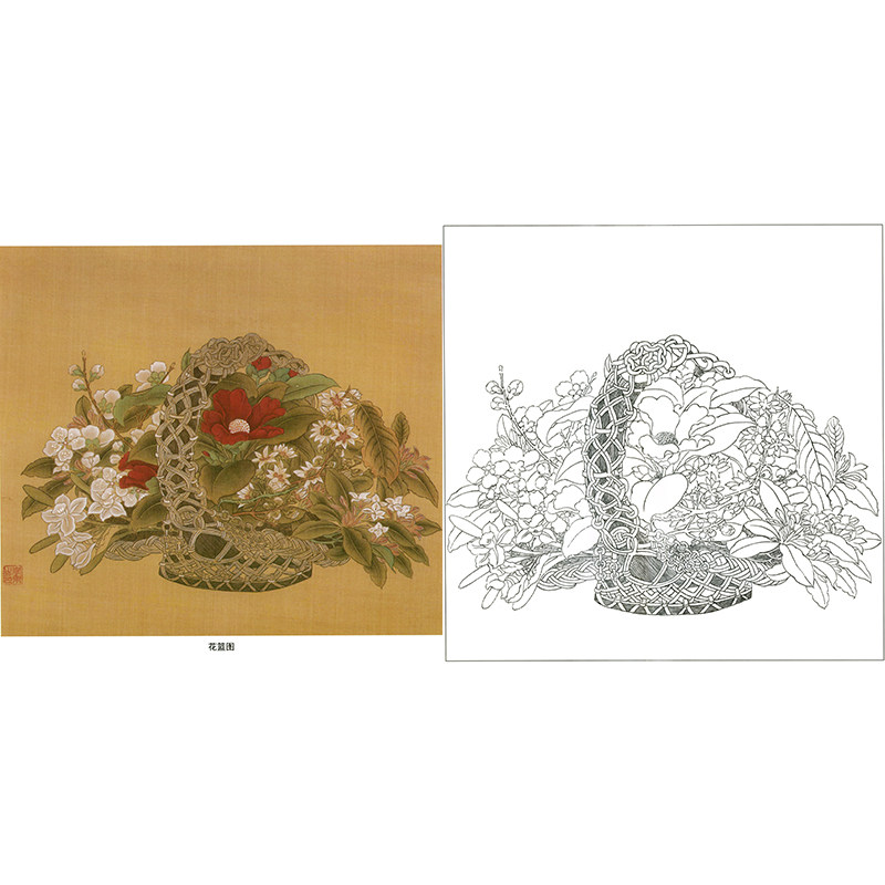 临宋李蒿花篮图冬工笔画白描底稿花鸟国画小品初学者练习线描过稿
