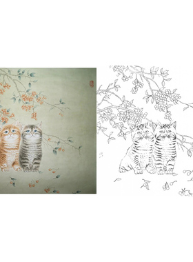 工笔画白描底稿牡丹花斗方