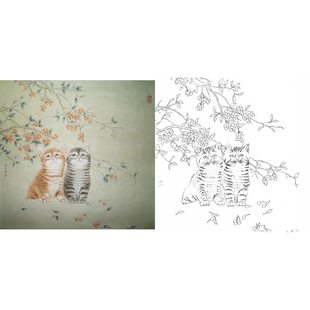 临李保山工笔画白描底稿动物小猫《山丁子》国画花鸟学习线描透稿