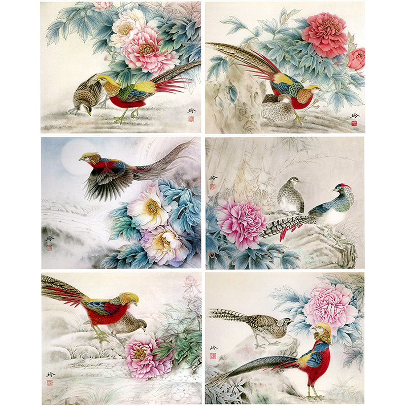 【有步骤】初学牡丹锦鸡打印工笔画白描底稿临郑玲玲花鸟国画套装