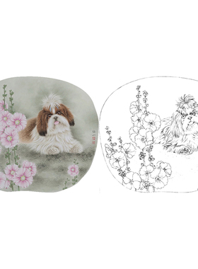 工笔画白描底稿牡丹花斗方
