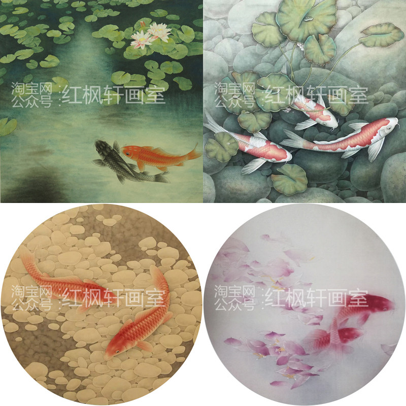 工笔画白描底稿锦鲤鱼荷花花鸟国画熟宣纸手绘线描画稿可直接上色