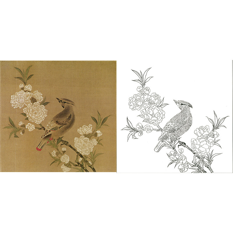 临宋佚名工笔画白描底稿《桃花山鸟图》花鸟国画小品初学线描透稿