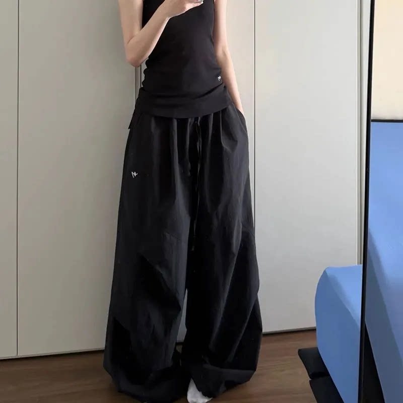 日常通勤松弛感工装裤夏季透气舒适时尚抽绳阔腿遮肉显瘦拖地长裤