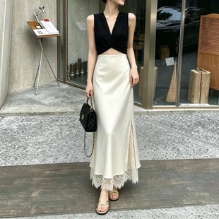 韩系ins风醋酸半身长裙女高腰蕾丝拼接开叉鱼尾裙垂感显瘦包臀裙