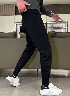 冬季加绒潮牌运动卫裤男秋季束脚修身烫花黑色长裤百搭小脚休闲裤