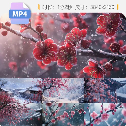 高清4K中国风冬日寒梅飘雪古筝演奏国潮山水窗外红梅视频素材