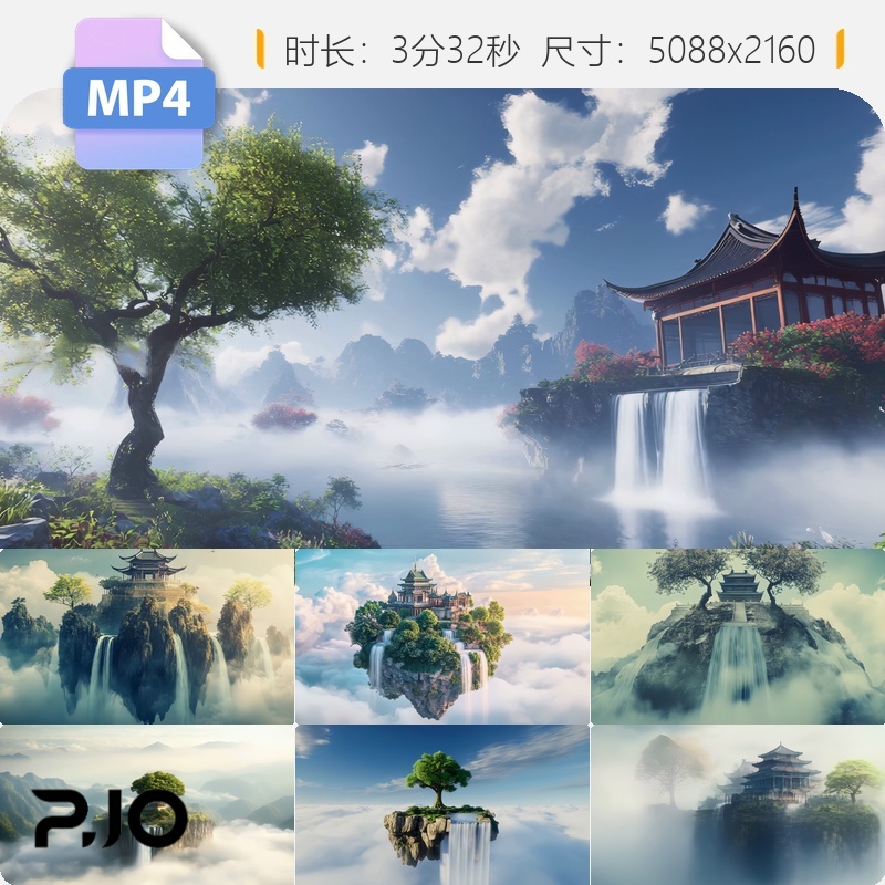 高清云顶天宫中国风仙境山水悬浮神殿古建筑东方奇幻景观视频素材