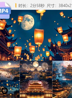 高清大唐盛世长安城烟花歌舞升平汉宫殿夜市孔明灯中国风视频素材