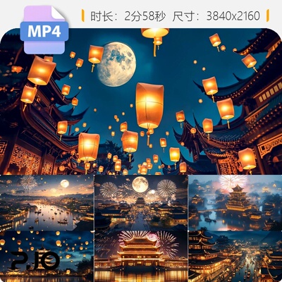 高清大唐盛世长安城烟花歌舞升平汉宫殿夜市孔明灯中国风视频素材