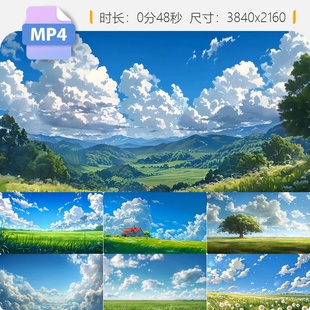 高清动漫天空宫崎骏素材云海蔚蓝唯美卡通梦幻草原奇际线视频素材