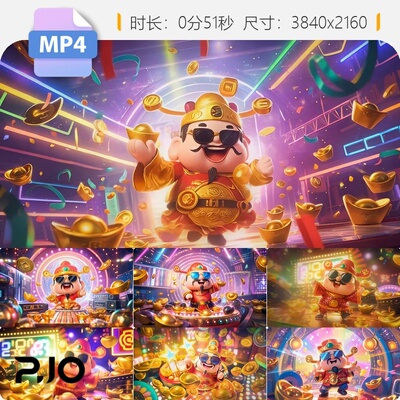 高清财神蹦迪送财Q版赛博克金元宝DJ年会贺岁朋友圈祝福视频素材