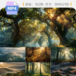 高清原始森林唯美丁达尔光线阳照射透树薄雾幽深山老茂密视频素材