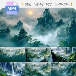 高清中国风山水舞台背景合集古筝意境LED云雾瀑布禅河画视频素材
