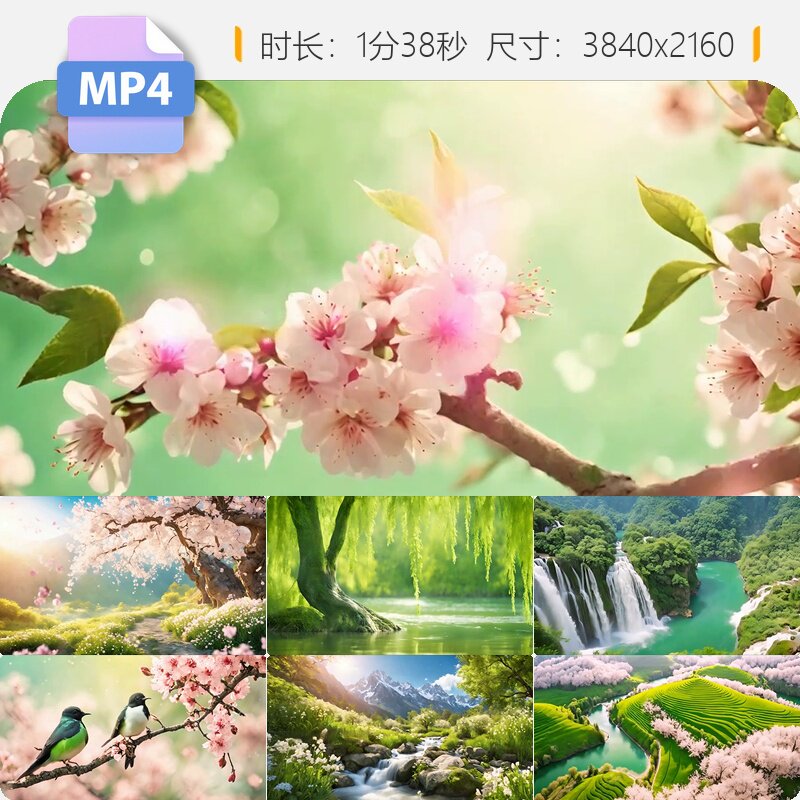 高清上春山前奏歌词同步春天上山蝴蝶花开柳树瀑布鸟万物视频素材