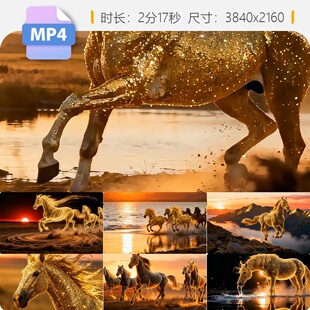 高清骏马奔腾金色毛发马群奔跑海浪光影剪影夕阳金色粒子视频素材