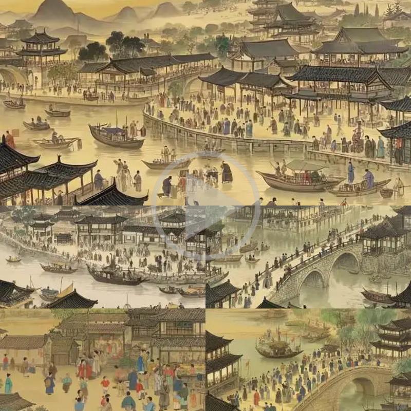 高清清明上河图动画北宋都城繁华市集江南水乡商船人群视频素材