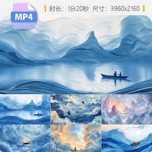 高清青色水墨山水国风意境崇山峻岭江面小舟诗人李白LED视频素材