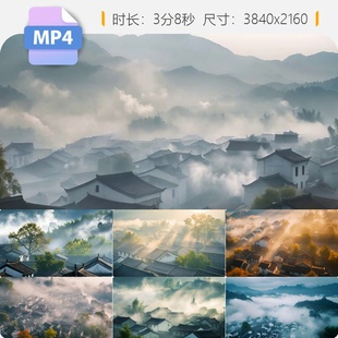 高清徽派建筑古村落青瓦白墙古镇婺源篁岭晒秋晨雾炊烟航视频素材