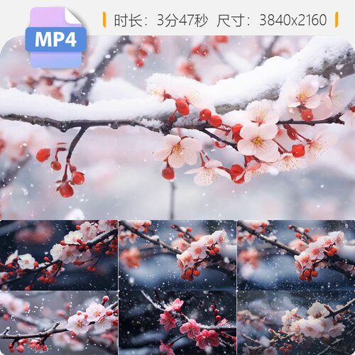 高清梅花赋梦苇寒冬雪景LED大屏唯美红梅绽放古典淡雅意视频素材