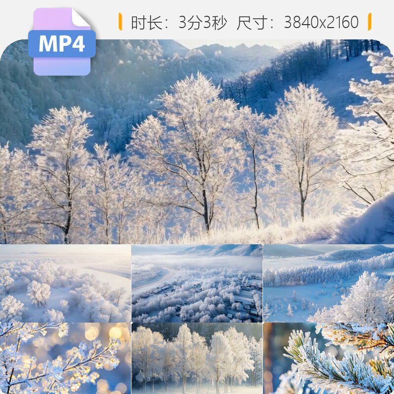 高清雾凇雪景森林唯美冬季冰花树挂长白山极寒东北至冷地视频素材