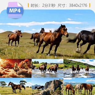 高清金色骏马奔腾草原河流马群奔跑动态自然金色祥云晚霞视频素材