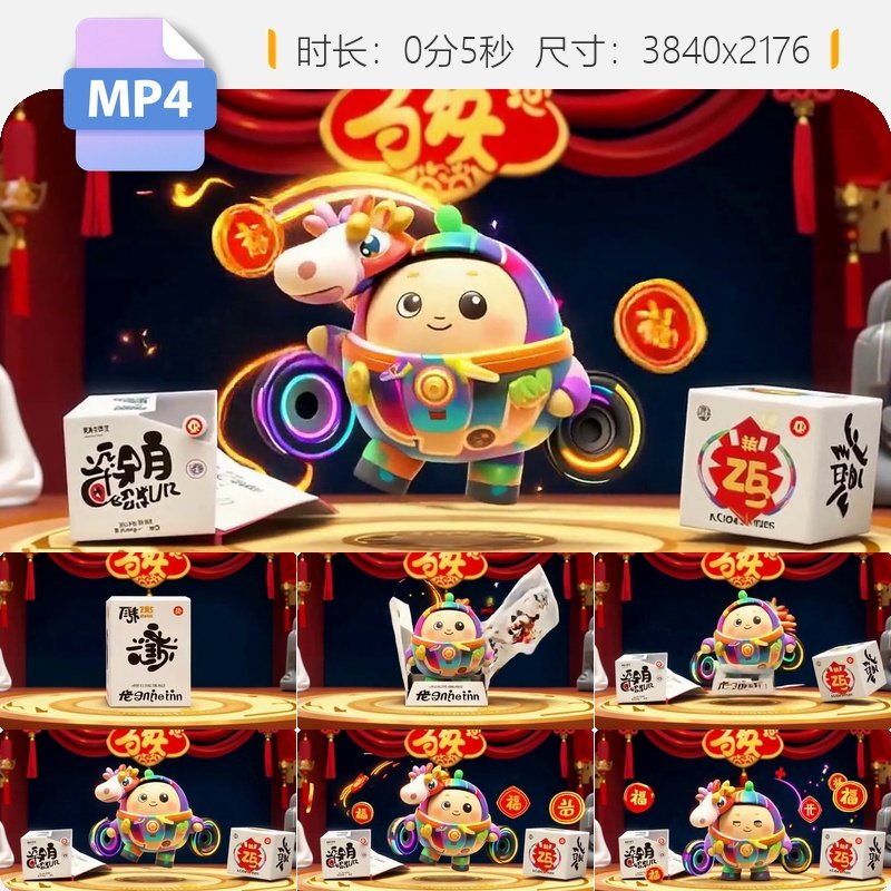 高清龙年喜庆福字金币卡通龙拆盲盒动画中国风可爱礼盒视频素材