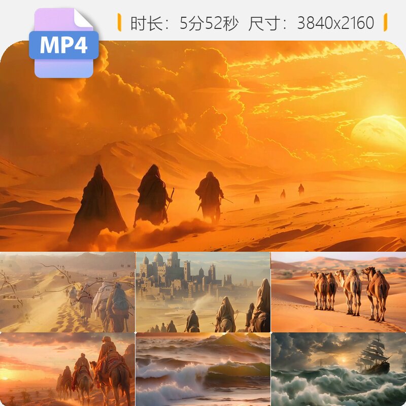 高清丝绸之路西域楼兰古城驼队戈壁大漠汉朝商道中欧班列视频素材 - 实物图